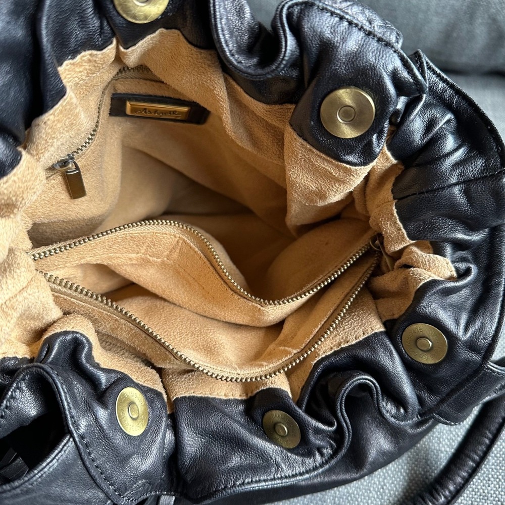 Vintage Ashneil Black Nappa Leather Rosette Fringe Slouchy Handbag Shoulder Bag - Picture 4 of 10